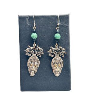 Sterling Silver Tribal Earrings Aztec Ethnic Face Design Long Pierced Dangles
